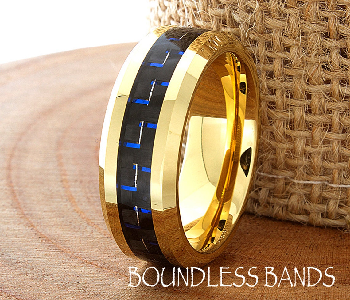 Carbon Fiber Tungsten Wedding Ring Yellow Gold Men's Etsy