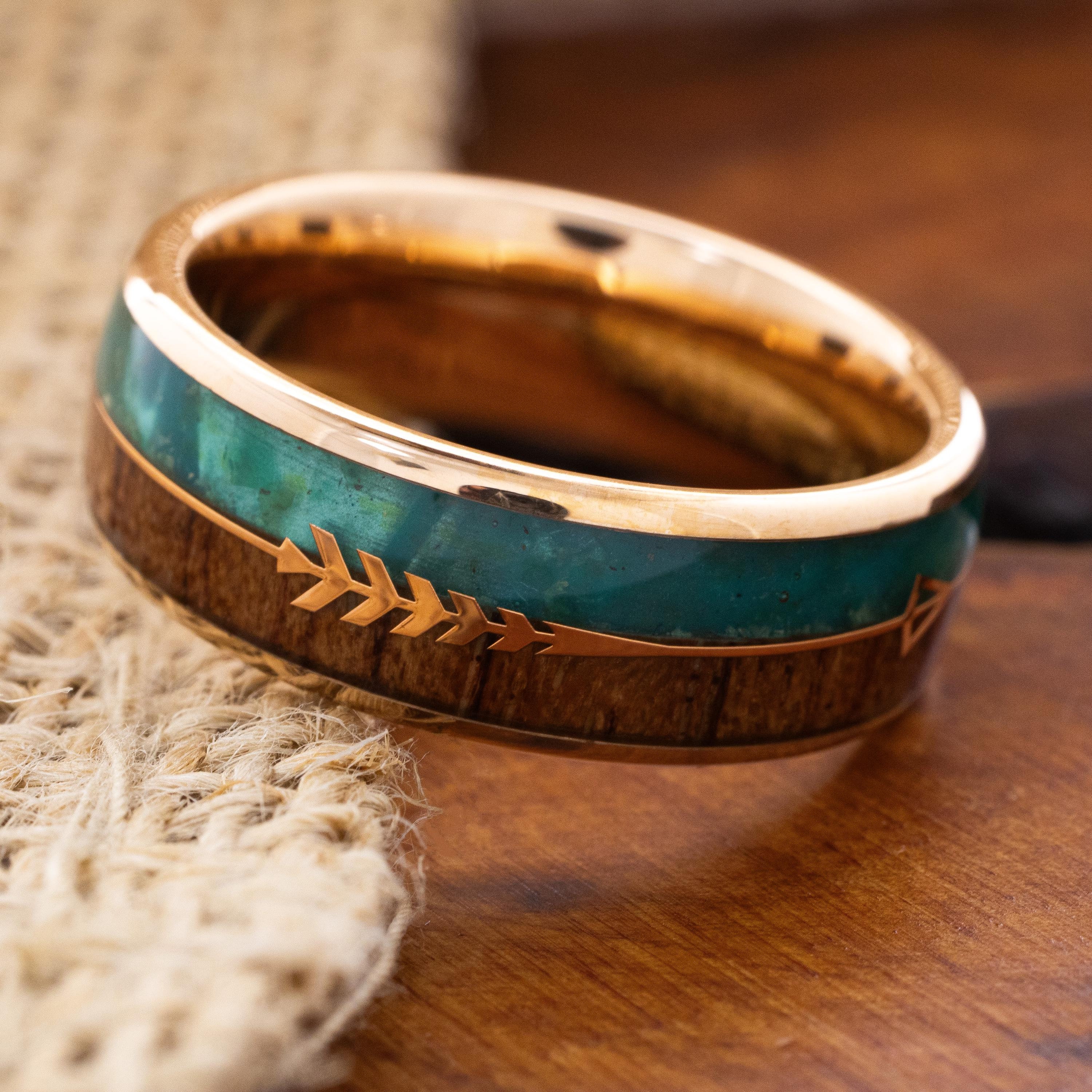Rose Gold Tungsten Ring With Arrow, Malachite Ring, Hawaiian Koa Rose Gold Tungsten Ring With Arrow, Malachite Ring, Hawaiian Koa