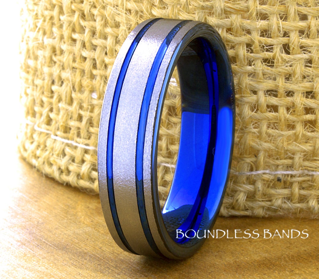 Tungsten Wedding Band Men's Blue Wedding Band Silver Etsy
