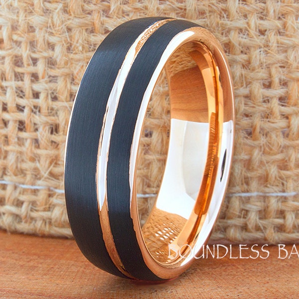 Tungsten Wedding Band, Men's Tungsten Wedding Band, Men's Tungsten Ring, Rose Gold Tungsten Ring, Dome 7mm Black Rose Gold Matching Ring Set