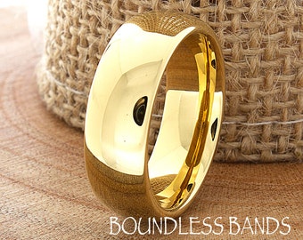 Tungsten Ring, Men&#39;s Tungsten Wedding Band, Gold Tungsten Ring, Yellow Gold Tungsten Ring, Personalized Ring, Domed High Polished 7mm