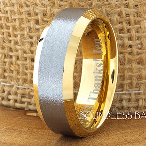 Anillo de tungsteno, banda de boda de tungsteno de los hombres, anillo de tungsteno de plata, anillo de tungsteno de oro amarillo, banda de tungsteno, anillo personalizado, bordes biselados de 8 mm