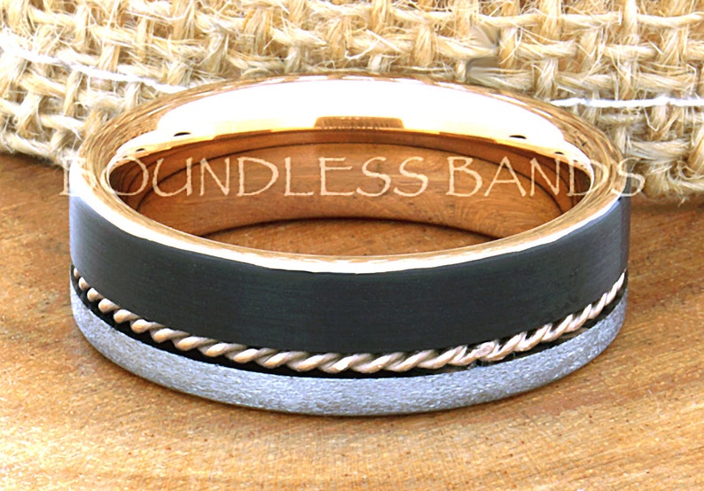 Tungsten Ring Tungsten Wedding Ring Mens Wedding Ring Promise Anniversary Engagement Comfort Fit 7mm Black And Rose Woven Silver inlay Ring