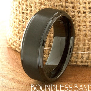 Black Tungsten Wedding Band Stepped Edges Customized Tungsten Ring 8mm Laser Engraved Mens Womens Black Band Anniversary Promise Ring New