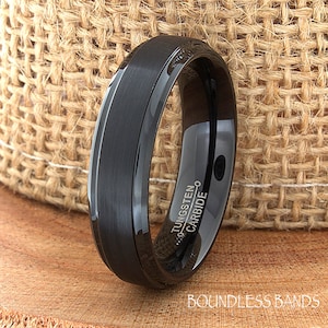 BlackTungsten Wedding Band Ring Stepped Edges Customized Tungsten Band Any Design Laser Engraved Ring Mens Tungsten Ring Anniversary Ring