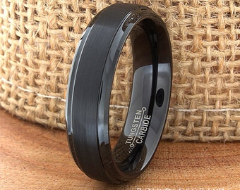 Black Tungsten Wedding Band, Stepped Edges, Laser Engraved