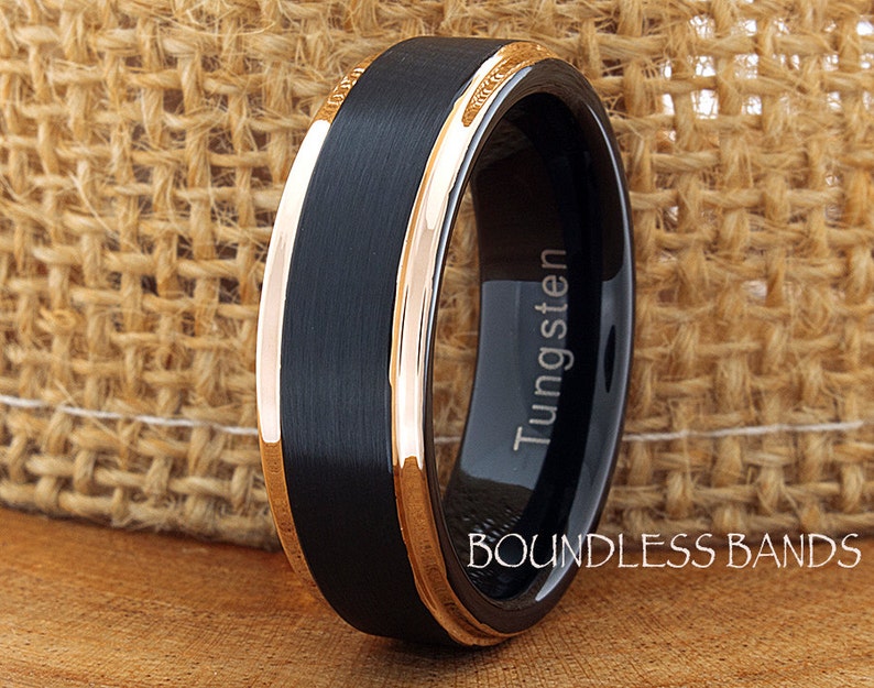 Tungsten Wedding Ring Band 7mm Black Rose Gold Tungsten Ring Anniversary Ring Promise Ring Mans Tungsten Ring Comfort Fit Free Engraving