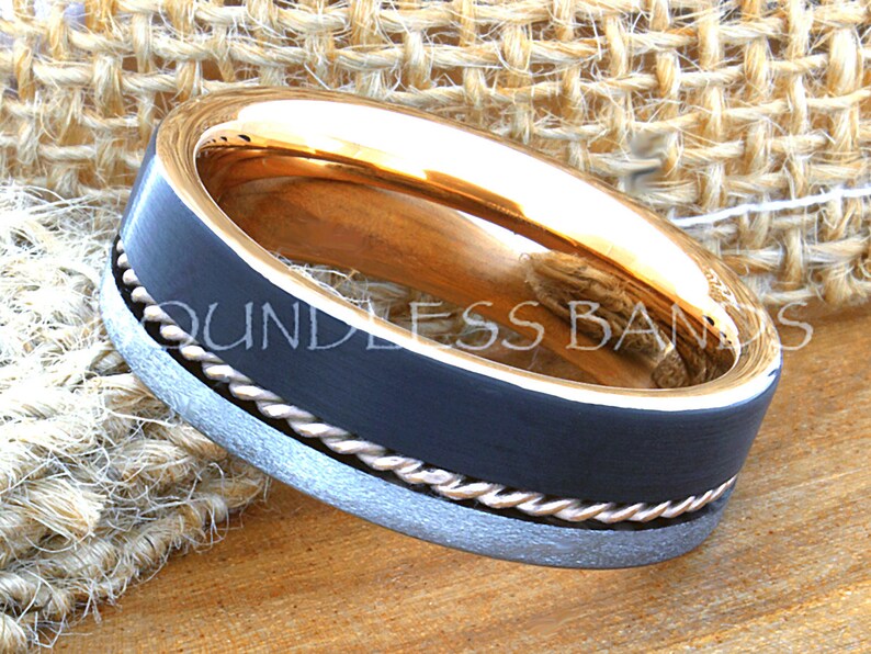 Tungsten Ring Tungsten Wedding Ring Mens Wedding Ring Promise Anniversary Engagement Comfort Fit 7mm Black And Rose Woven Silver inlay Ring