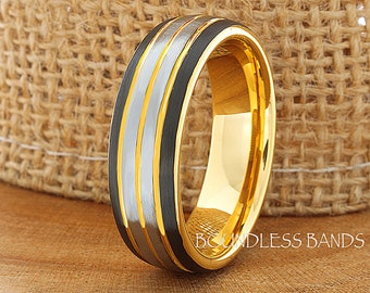 Tungsten Ring, Men's Tungsten Wedding Band, Black Tungsten Ring, Yellow Gold Tungsten Ring, Tungsten Band, Triple Grooved Tricolor Ring, 7mm