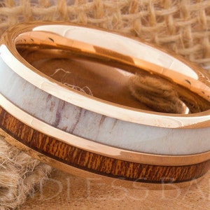 Tungsten Ring, Rose Gold Tungsten Ring, Anniversary Ring, Men Women Ring, Wood And Antler Ring, Antler Red Wood Ring, Mens Wedding Ring