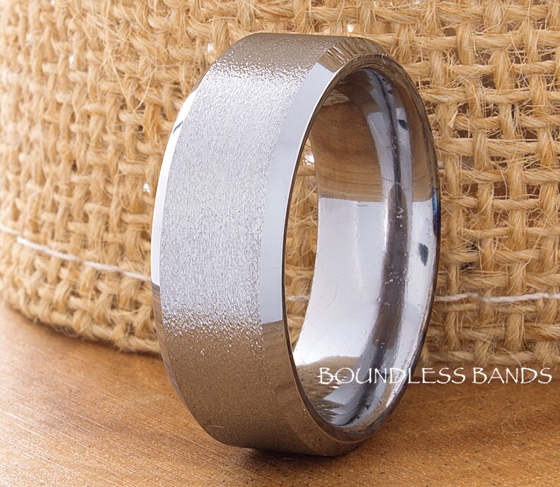 Tungsten Wedding Bands Brushed Polished Beveled Comfort Fit Unisex Tungsten Ring His Hers Custom Anniversary Engagement Promise 8mm Ring