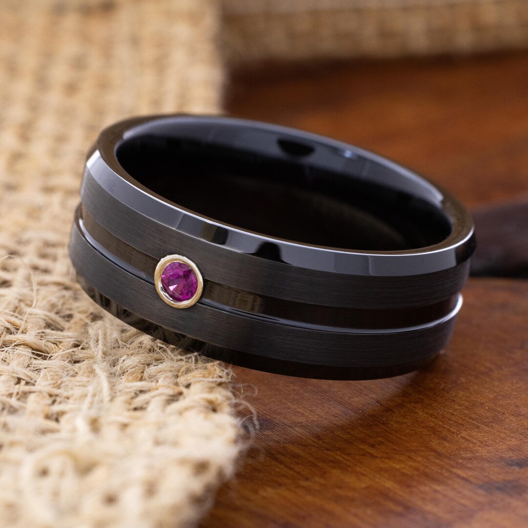 Black Tungsten Carbide Ring With Amethyst, 8mm Gemstone Ring, Custom ...