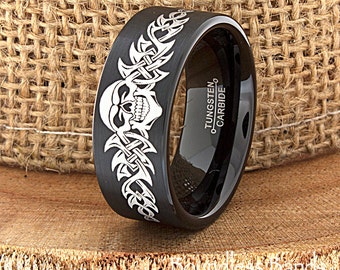 Tungsten Biker Wedding Band, Skull Wings Tattoo Design, Mens Ring