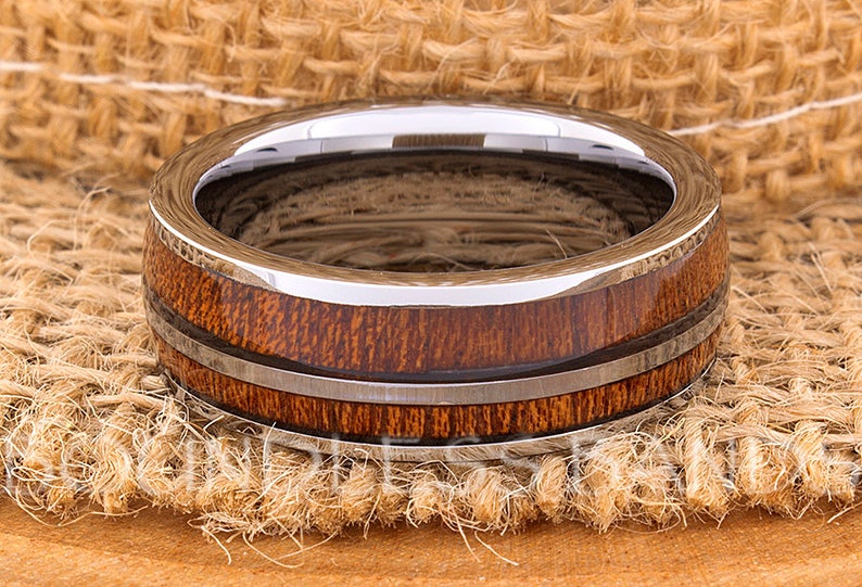 Wood Inlay Ring Silver Tungsten Ring Wood Wedding Band Dome Wedding Ring Promise Ring Women Men Tungsten Ring 8mm Free Engraving Custom Made image 1