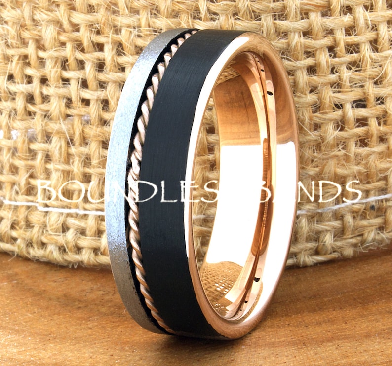 Tungsten Ring Tungsten Wedding Ring Mens Wedding Ring Promise Anniversary Engagement Comfort Fit 7mm Black And Rose Woven Silver inlay Ring