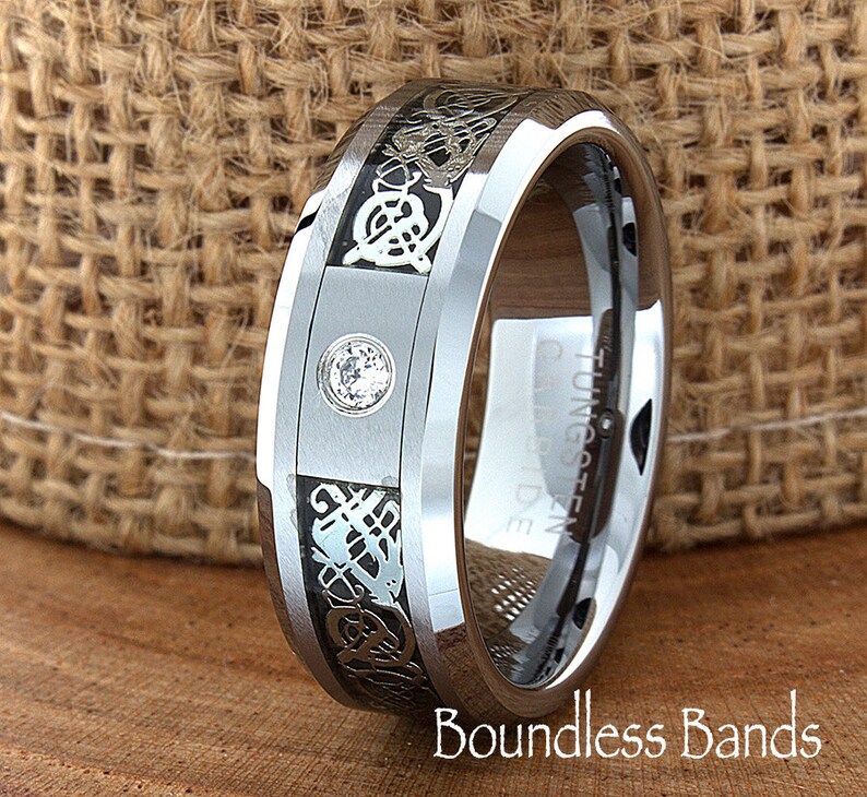 Celtic Dragon Ring Celtic Diamond Ring Mens Tungsten Ring Etsy