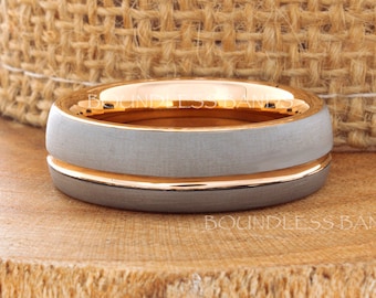 Tungsten Wedding Band, Men's Tungsten Wedding Band, Men's Tungsten Ring, Rose Gold Tungsten Ring, Tungsten Band, 7mm 18K Two Tone Ring