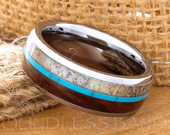 Tungsten Ring, Turquoise Ring, Wood Ring, Antler Wood Ring, Mens Turquoise Ring, Tungsten Antler Ring, Wood Tungsten Ring, Mens Wedding Ring