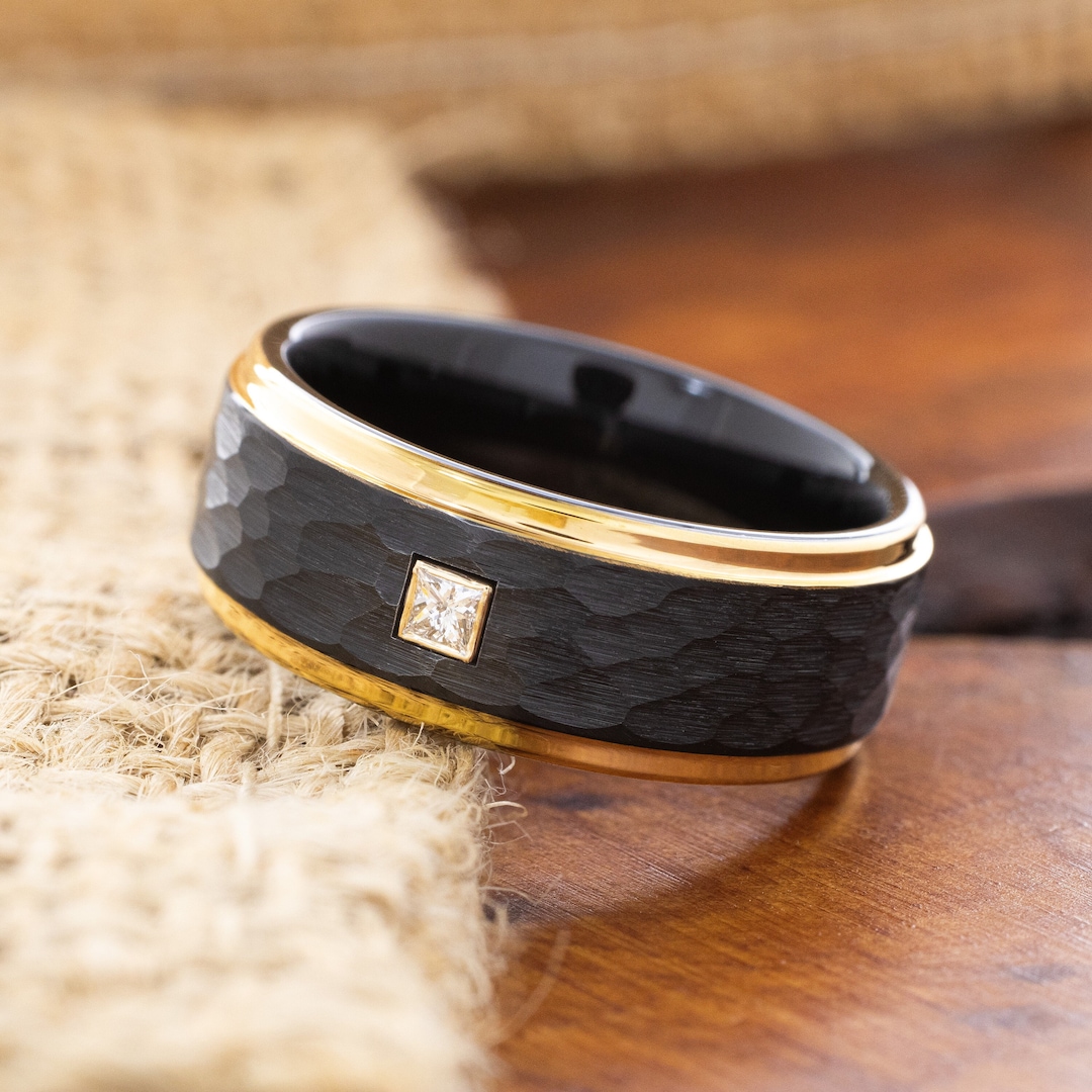 Black Hammered Tungsten Carbide Wedding Band, Diamond Wedding Ring ...