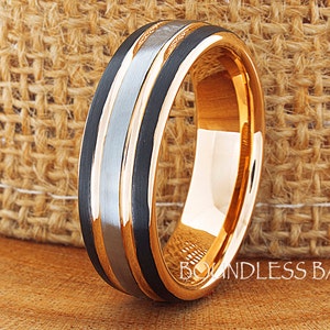 Tungsten Wedding Band, Men's Tungsten Wedding Band, Men's Tungsten Ring, Rose Gold Tungsten Ring, 7mm Tricolor Black Rose Gray Matching Ring