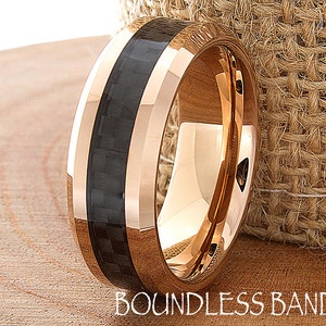 Tungsten Wedding Band, Men's Tungsten Wedding Band, Rose Gold Tungsten Ring, Women's Ring, Polish Beveled Edges 8mm Black Carbon Fiber Inlay