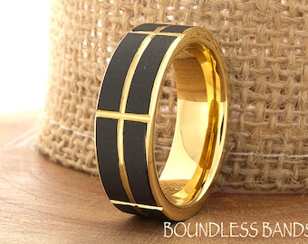 Tungsten Ring, Men's Tungsten Wedding Band, Black Tungsten Ring, Yellow Gold Tungsten Ring, 7mm Two Tone Yellow Gold And Black Ring, New