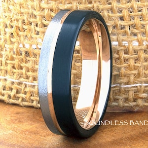 Tungsten Ring, Men&#39;s Tungsten Wedding Band, Men&#39;s Tungsten Ring, Tungsten Band, 6mm Tricolor Black Rose Gold Silver Matching Ring Set