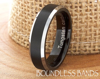 Anel de tungstênio preto, aliança masculina, personalizada, 6 mm