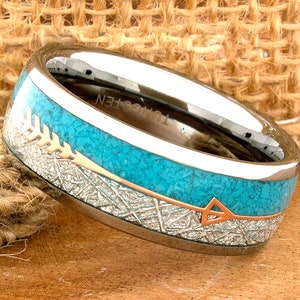 Tungsten Ring, Rose Gold Arrow, Tungsten Arrow Ring, Turquoise Ring, Turquoise Inlay Ring, 8mm Tungsten Ring, Meteorite Ring, Comfort Fit