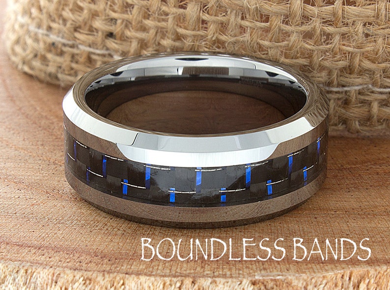 Blue Carbon Fiber Tungsten Wedding Ring 8mm Mens Wedding