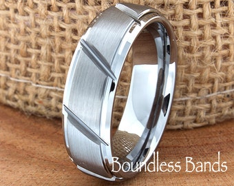 Men's Tungsten Ring, Tungsten Ring, Men's Tungsten Band, Tungsten Wedding Ring, Men's Ring, Tungsten, Stepped Edges Slanted, Silver Ring