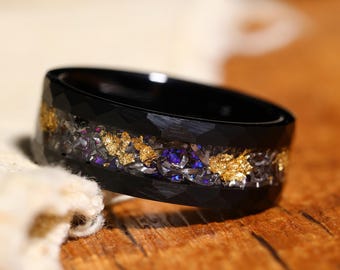 Meteorite Sandstone and Gold Leaf Black Hammered Tungsten Ring, 8mm Personalized Men’s Ring