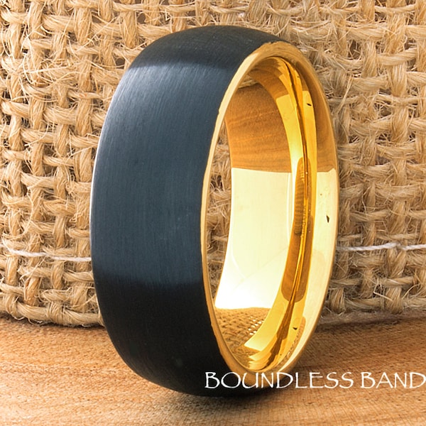 Tungsten Ring, Men's Tungsten Wedding Band, Black Tungsten Ring, Yellow Gold Tungsten Ring, Tungsten Band, Handmade Ring, Domed Finish