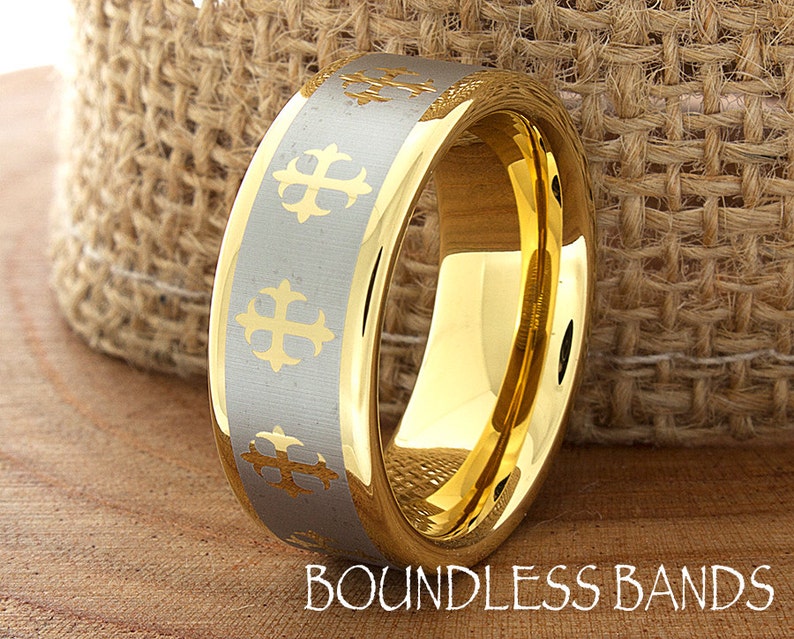 Tungsten Ring, Men's Tungsten Wedding Band, Silver Tungsten Ring, Yellow Gold Tungsten Ring, Tungsten Band, Personalized Ring, Cross Pattern image 1