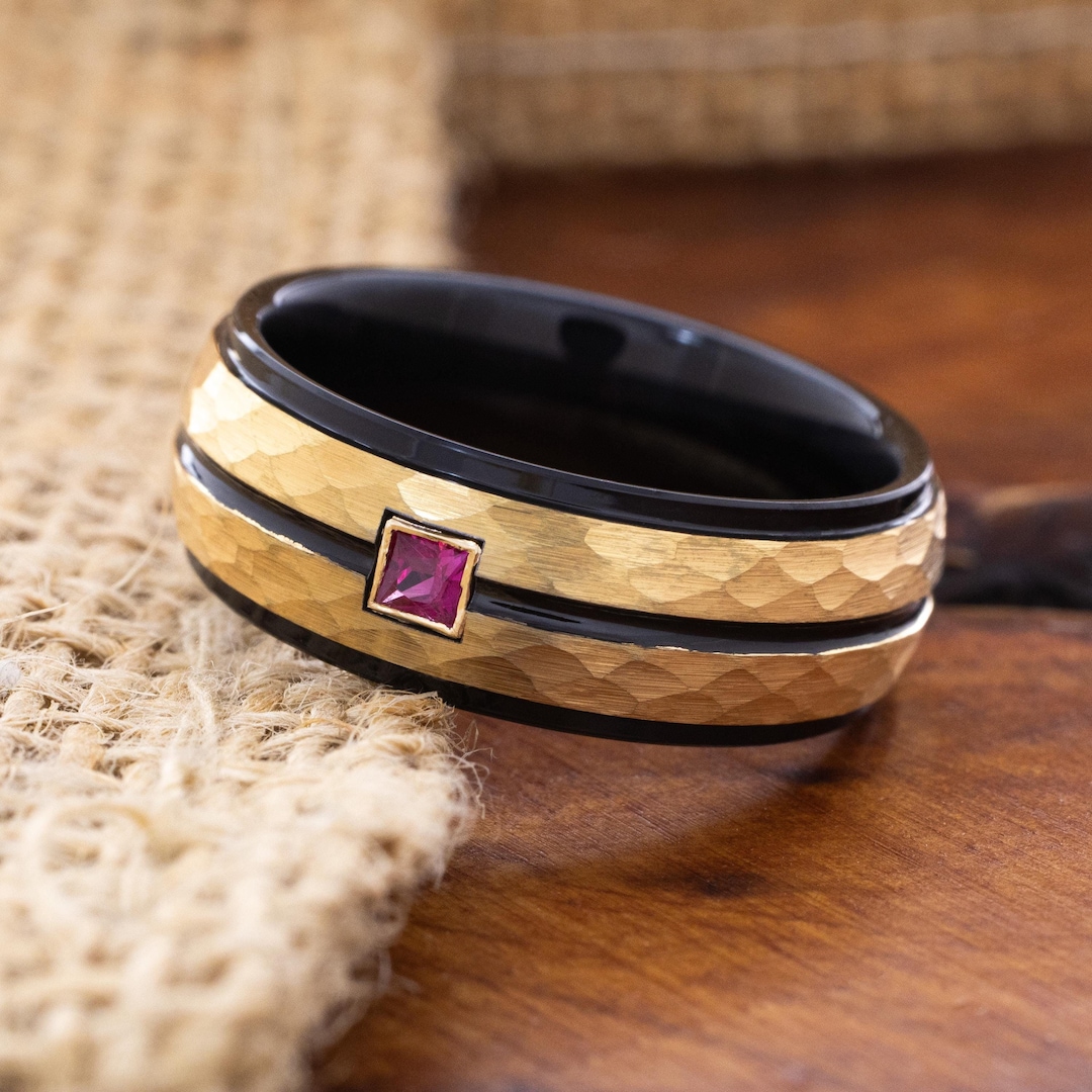 Yellow Gold Hammered Tungsten Carbide Ring, Black Amethyst Ring, Custom ...