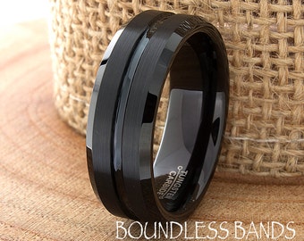 Black Tungsten Wedding Band, Grooved Beveled Edge, Personalized Engraving