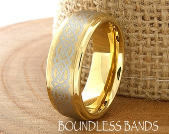 Celtic Knot Gold Tungsten Wedding Band, 8mm Stepped Edge Handmade Ring