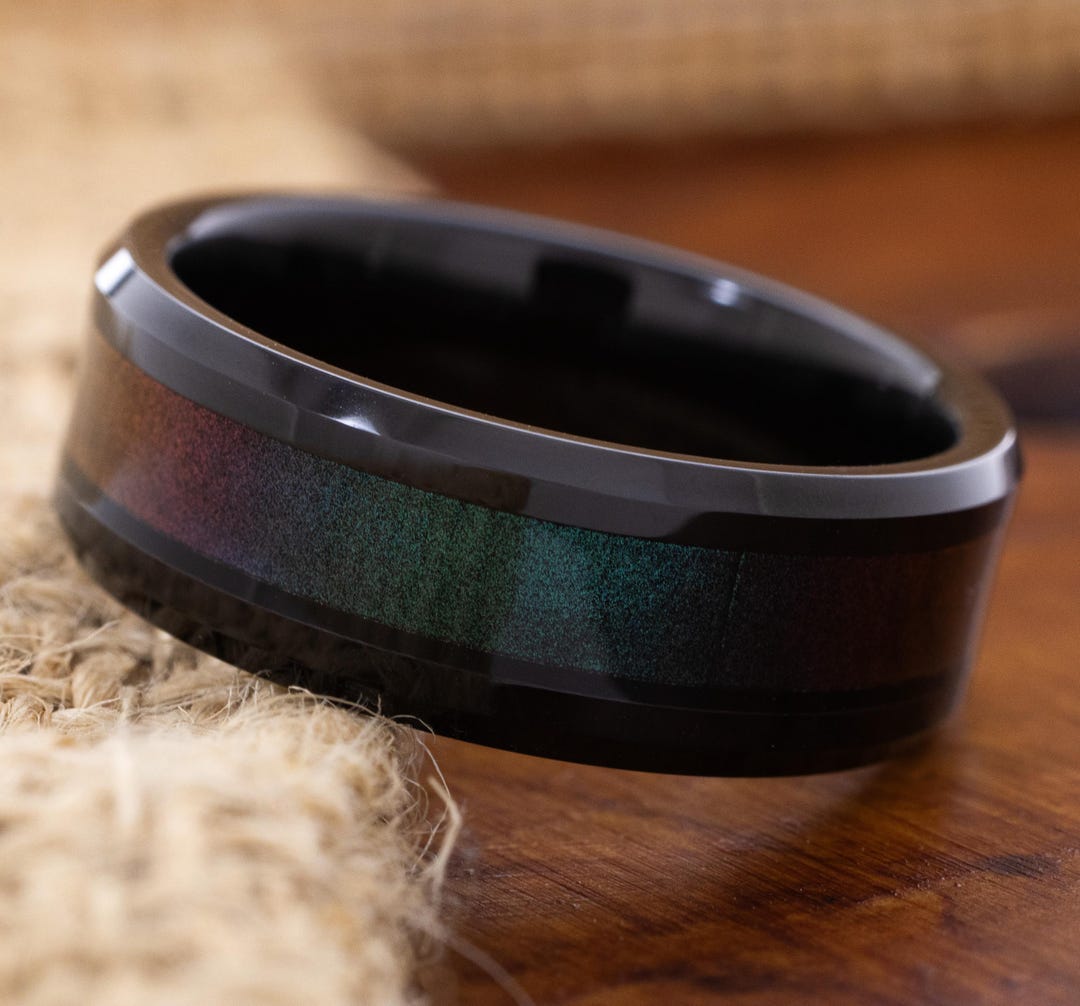 Two-Tone Rainbow Black Tungsten Wedding Band - 8mm Width, Men's & Women's Couple Rings, No Gemstone, Size 11.5