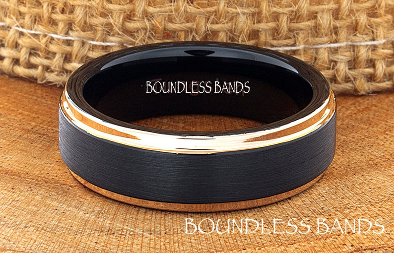 Tungsten Wedding Ring Band 7mm Black Rose Gold Tungsten Ring Anniversary Ring Promise Ring Mans Tungsten Ring Comfort Fit Free Engraving