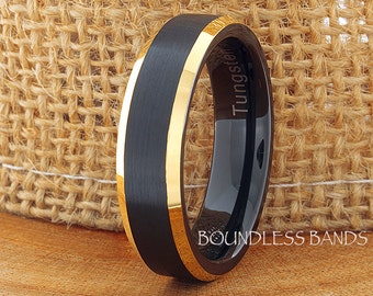 Tungsten Ring, Men's Tungsten Wedding Band, Black Tungsten Ring, Yellow Gold Tungsten Ring, Handmade Ring, Beveled Edges 6mm