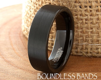 Black Tungsten Wedding Band, Brushed Pipe Cut Ring, 7mm