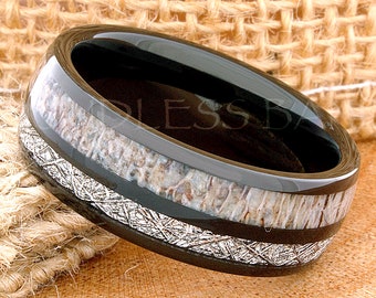 Anillo de tungsteno, anillo de meteorito, anillo de asta de ciervo, anillo de meteorito negro, anillo de meteorito de 8 mm, anillo de asta de tungsteno negro, anillo personalizado