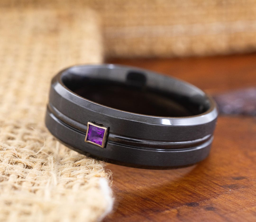 Black Grooved 8mm Tungsten Carbide Ring With Princess Cut Lab Made 