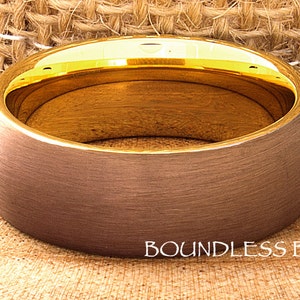 Tungsten Ring, Men's Tungsten Wedding Band, Brown Tungsten Ring, Yellow Gold Tungsten Ring, Tungsten Band, Personalized Ring, 8mm Domed image 3