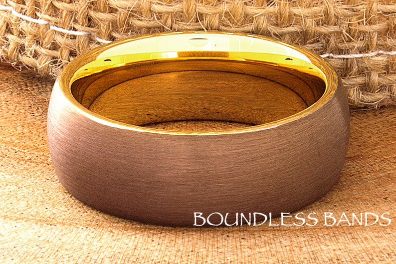 Tungsten Ring, Men's Tungsten Wedding Band, Brown Tungsten Ring, Yellow Gold Tungsten Ring, Tungsten Band, Personalized Ring, 8mm Domed image 3