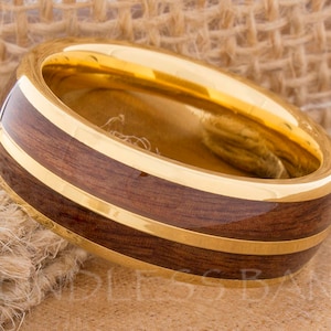 Hawaiian Koa Wood Inlay Ring Yellow Gold Tungsten Ring Wood Wedding Band Dome Wedding Ring Promise Ring Women Men Tungsten Ring 8mm Yellow