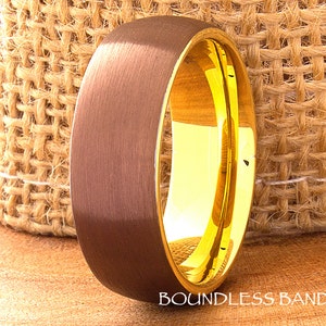 Tungsten Ring, Men's Tungsten Wedding Band, Brown Tungsten Ring, Yellow Gold Tungsten Ring, Tungsten Band, Personalized Ring, 8mm Domed image 1