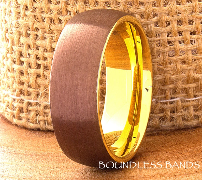 Tungsten Ring, Men's Tungsten Wedding Band, Brown Tungsten Ring, Yellow Gold Tungsten Ring, Tungsten Band, Personalized Ring, 8mm Domed image 1