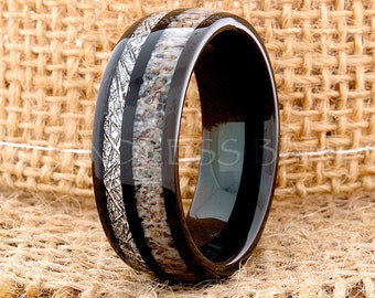 Anello di tungsteno, anello di tungsteno maschile, anello meteorite nero, anello meteorite 8mm, anello di tungsteno antler, anello nero antler, carburo di tungsteno