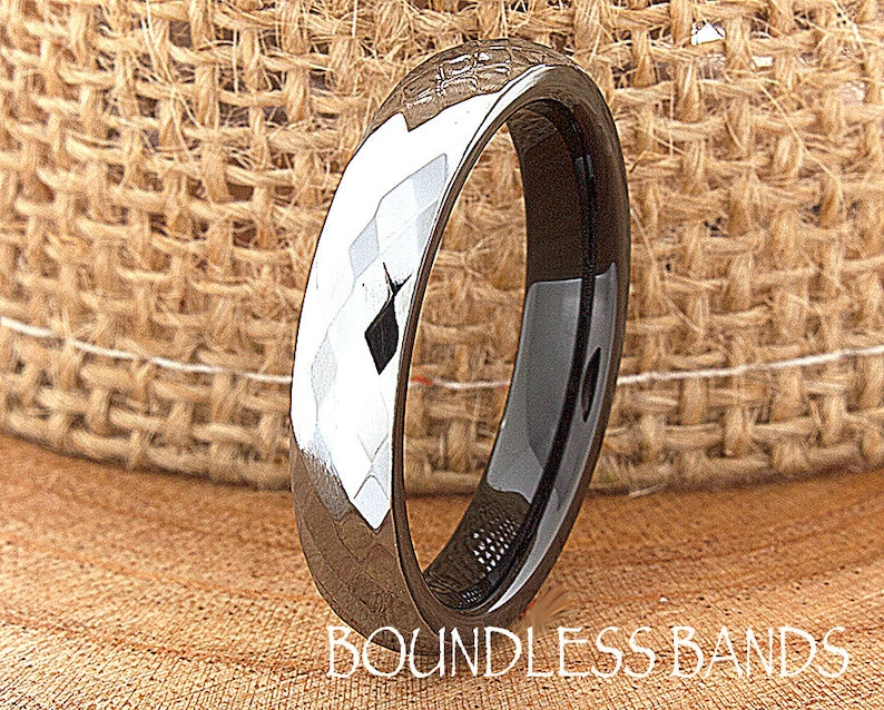 Tungsten Wedding Band White Faceted Diamond Cut High Polished 4mm His Hers Black Mens Womens Ring Set Custom Engraved Anniversary Two Tone
